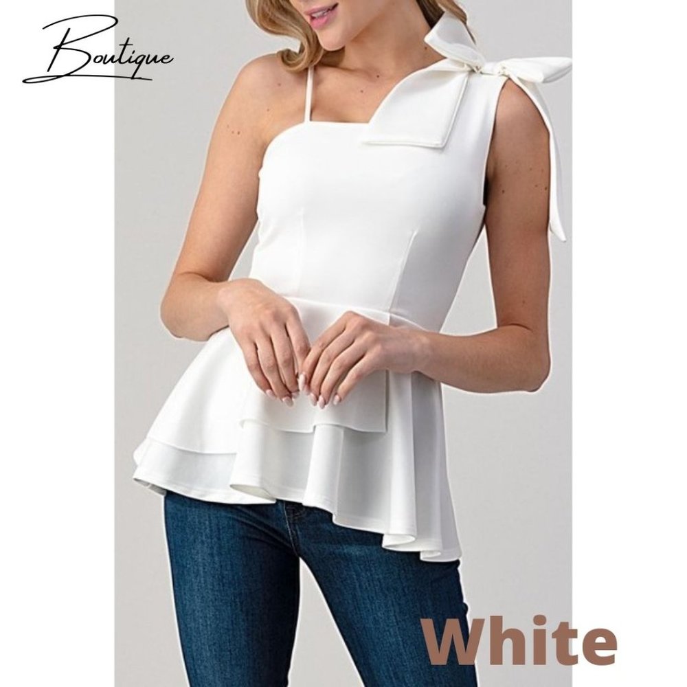 White one shoulder bow blouse-Large NWOT